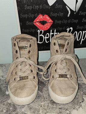 GUESS Taupe High-Top Sneakers with Gold Accents